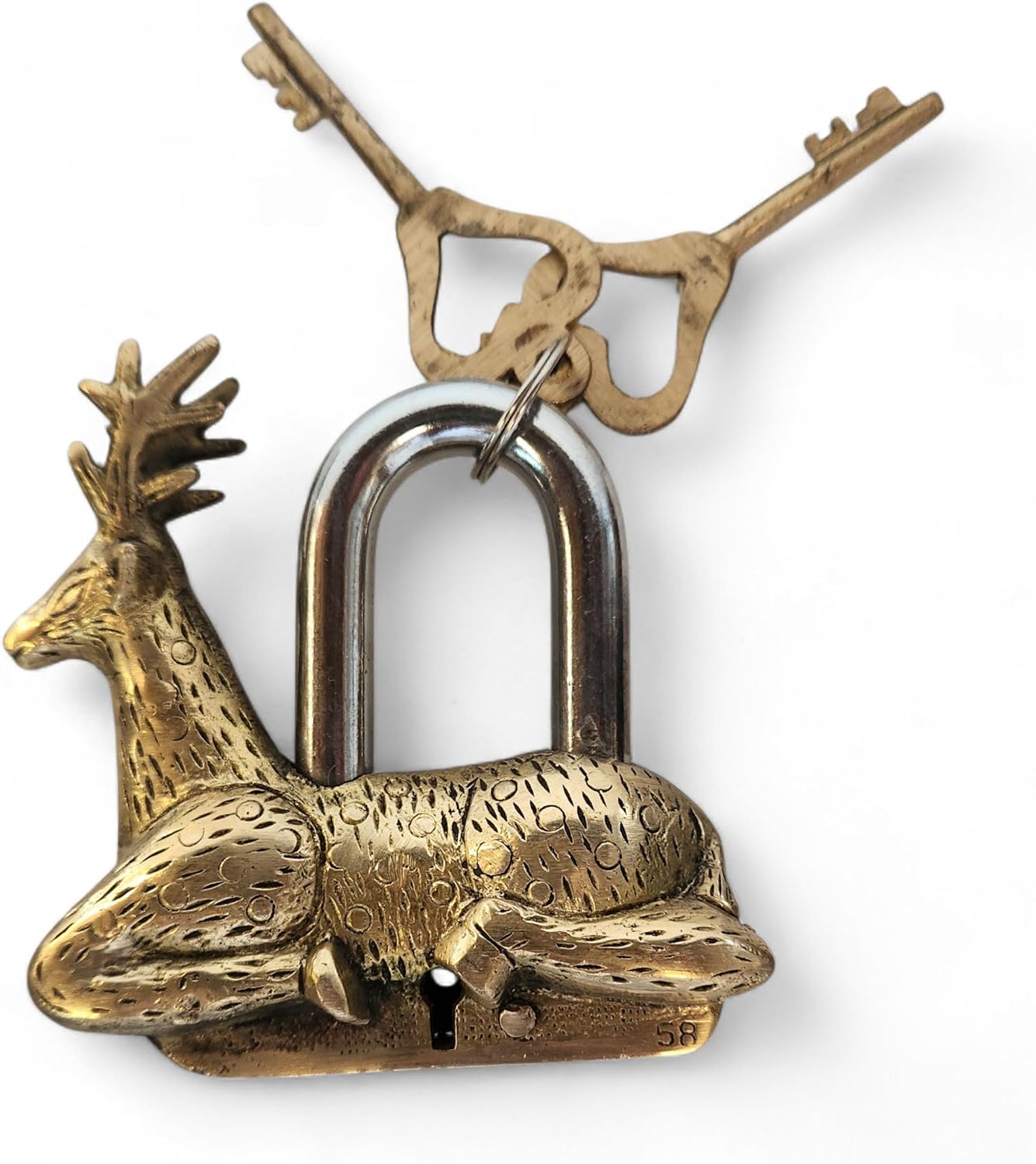 Brass Deer Reindeer Padlock with Two Keys, Animal Functional Antique Lock, Indian handicrafts Brass Locks, Temple Lock by JGARTS