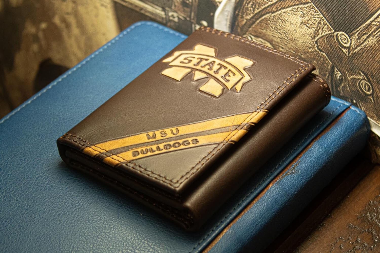 NCAA Mississippi State Bulldogs Zep-Pro Pull-Up Leather Trifold Embossed Wallet, Brown