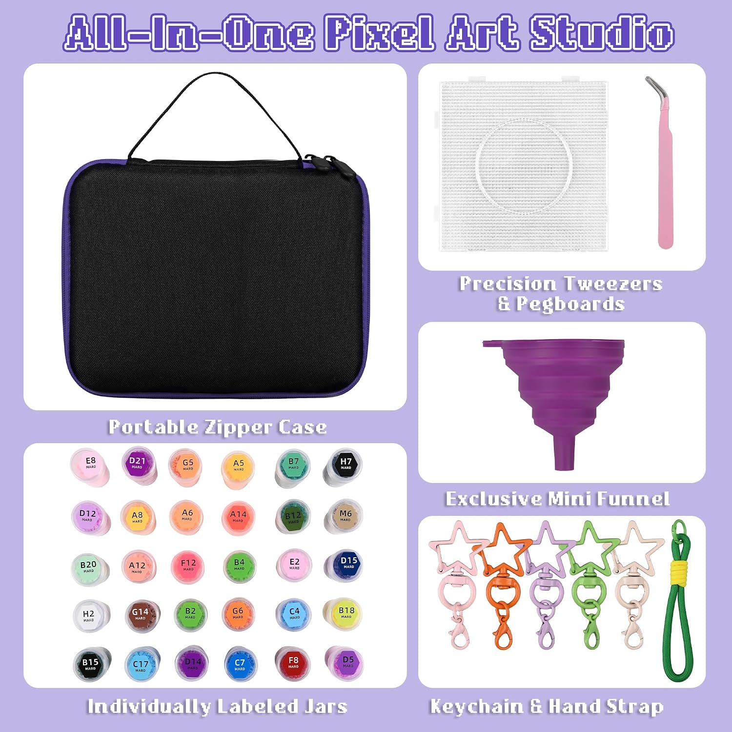 [Never Mix Again] 2.6mm Mini Fuse Beads Kit with 30 Individual Vials,Adult Craft Kit for Adults，Anti-Spill Storage Case, Compatible with Perler Beads Patterns-13,500pcs Melty Beads (Purple)