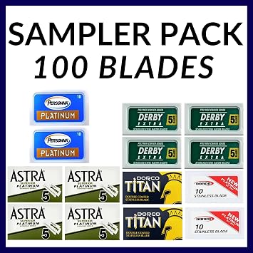 Double Edge Safety Razor Blades Sampler Pack for Men-Includes 4 Top Global Brands: Personna Dorco Astra Derby-Comfortable Shaving Fits All Double Edge Safety Razors (100)