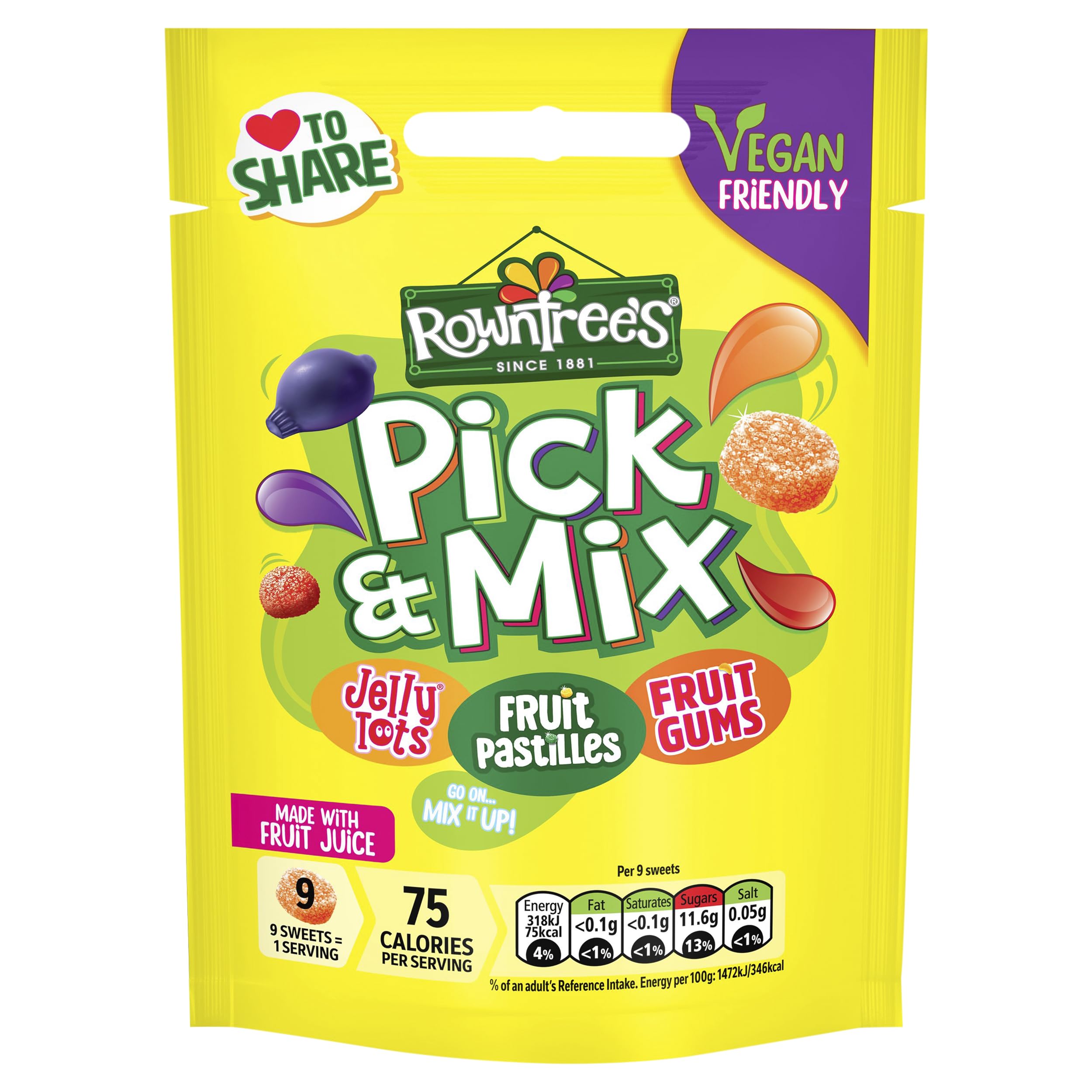 Rowntree's Pick and Mix Sweets – Vegan Friendly Jelly Tots, Fruit Pastilles & Fruit Gums - Sharing Bag 150g