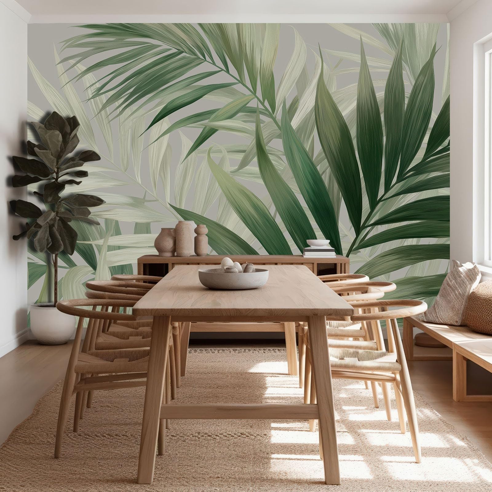 Art Papier Peint Intissé 3D Feuilles De Palmier Dessinées À La Main Muraux Papier Peint Photo, Plantes En Aquarelle Murale Panoramique 500 x 280 cm Salon Chambre Bureau Couloir Peinture Murale