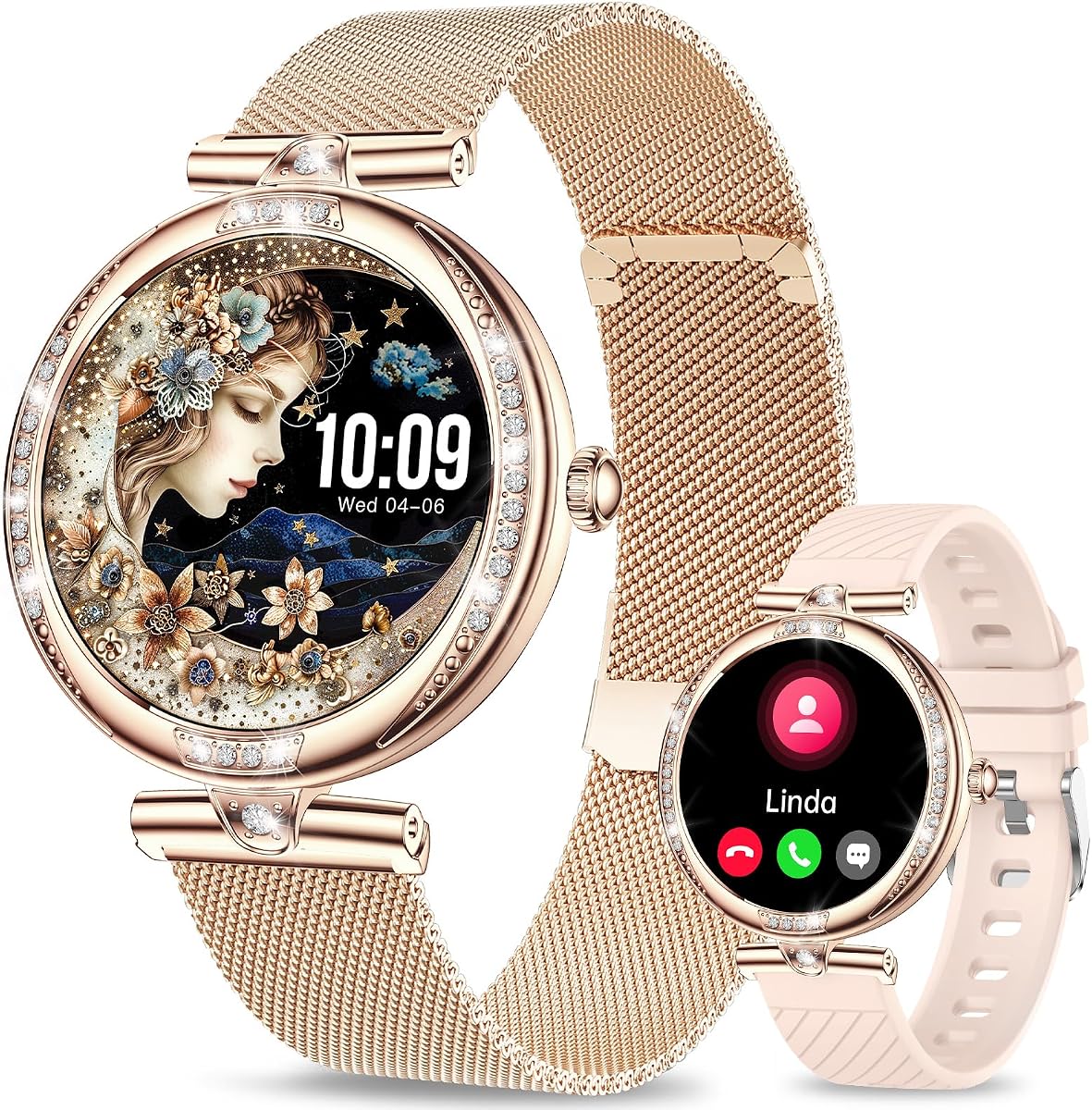 Smart Watches for Women(Make/Answer Call) with Diamond:1.1" AMOLED Fitness Tracker for Heart Rate/Blood Pressure/SpO2/Sleep Monitor,Running Smartwatch for Android/iOS