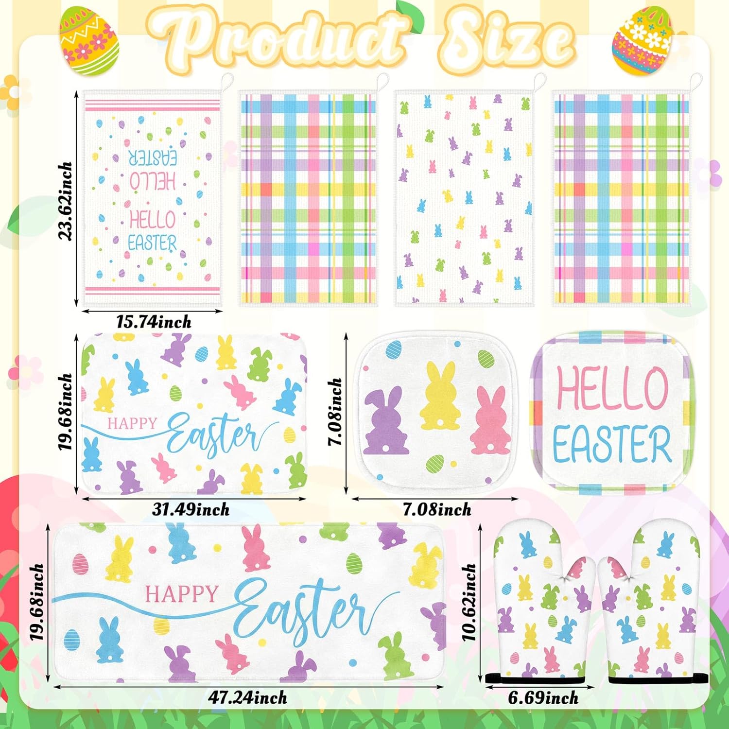 Tieshankao 10Pcs Easter Kitchen Decor Set Bunny Eggs Towels Pot Holders Oven Mitts Mats for Home Baking Gifts