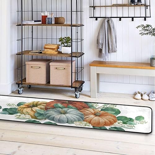 Miniatura 7 de Alfombra antideslizante con hojas de calabaza, bayas, escena de cosecha de acuarela, lavable, alfombra de pasillo para lavandería, alfombra suave