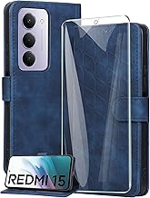 Book Cover for Xiaomi Redmi 15 4G (6.9 Inches) with Tempered Glass, PU Leather Magnetic Flip Card Holder Wallet Case – Blue