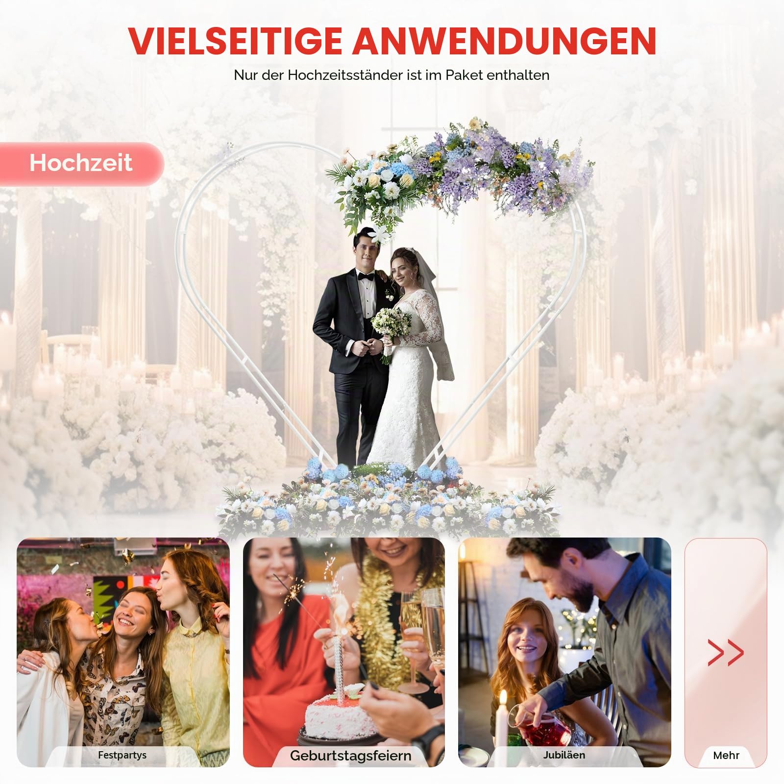 Herz Bogen 2m×2.1m, Ballonbogen Gestell mit Tragfähigkeit von 22.05lbs, Traubogen für Hochzeit, Babyparty und Jubiläum