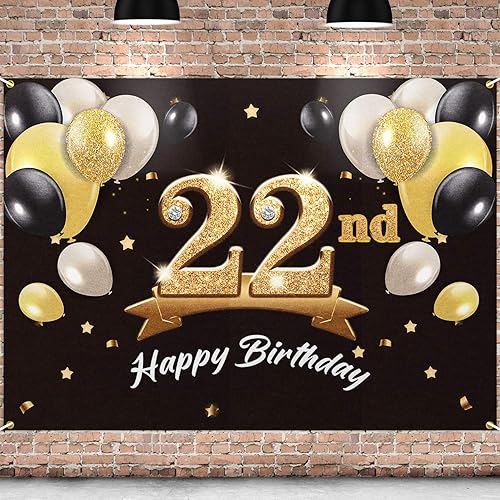Telón de fondo de pancarta de feliz cumpleaños 22 – Suministros de decoración de fiesta de cumpleaños 22 para hombres y él – Negro dorado 4 x 6 pies