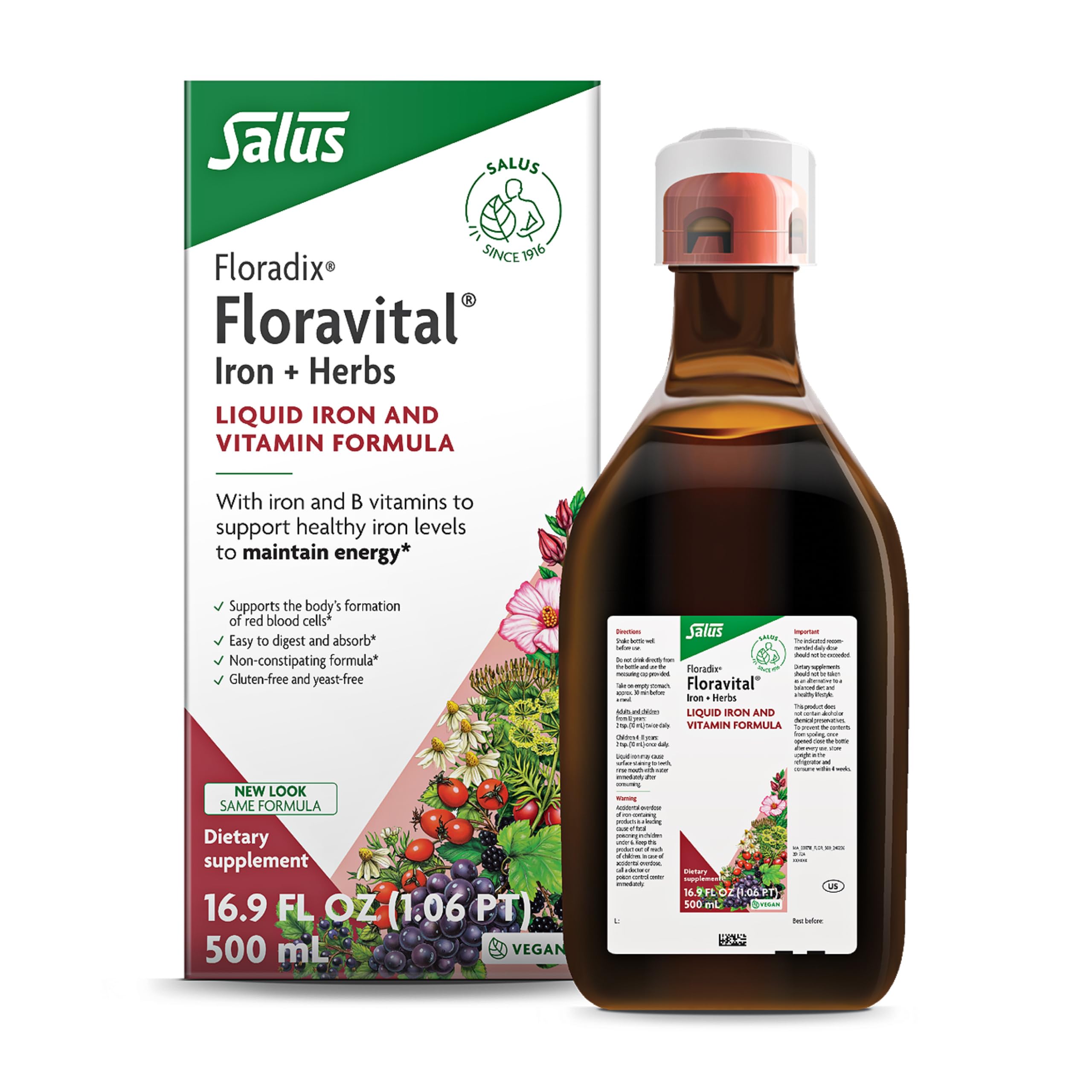 FloradixFloravital Liquid Iron & Vitamins Formula - Liquid Iron Supplement with B Complex Vitamins, Vitamin C & Herbs for Energy Support* - Vegan, Gluten-Free, Yeast- Free, Non-GMO - 16.9 Fl Oz