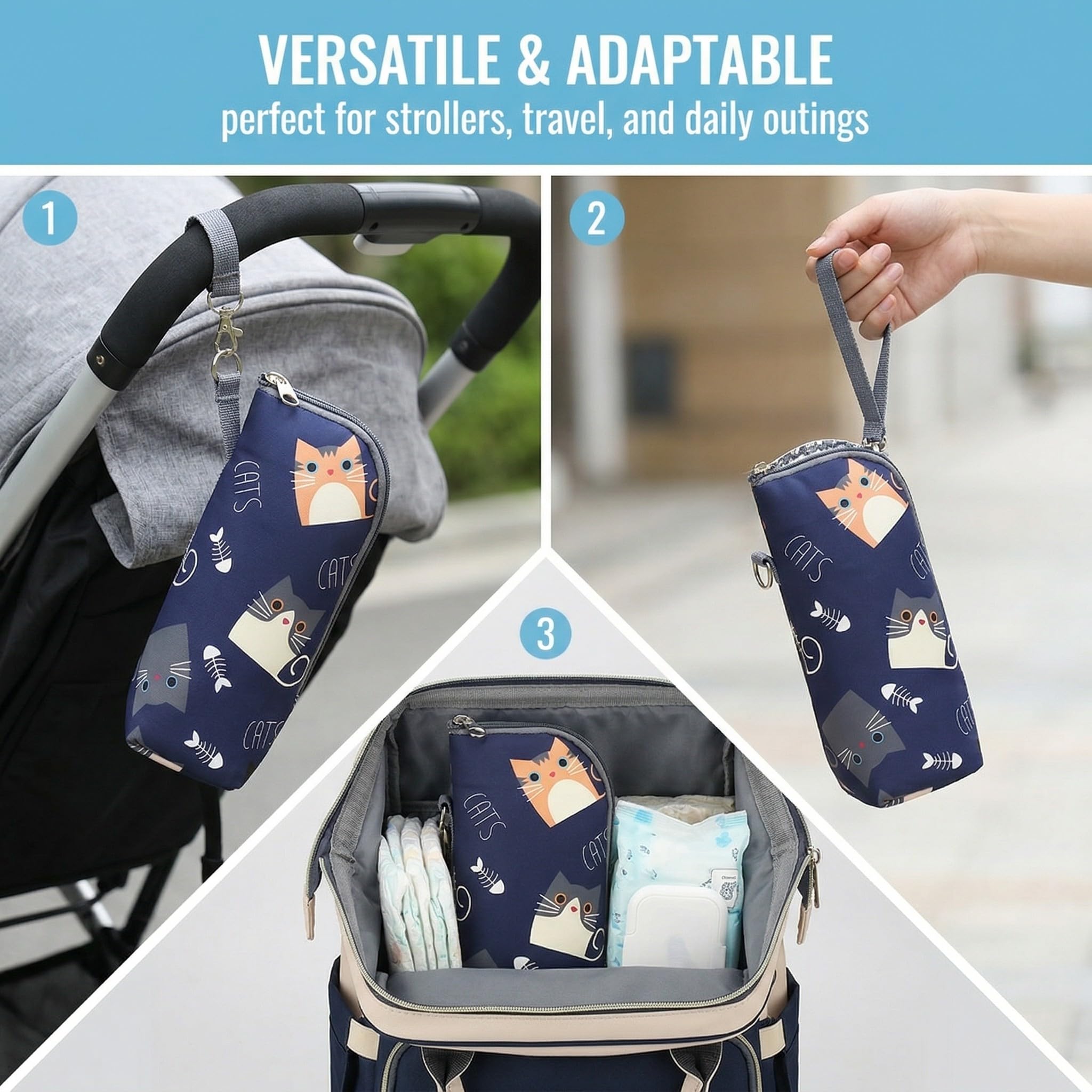 1 Pezzo Borsa Termica per Biberon con Motivo Gattino - Porta Biberon da Viaggio con Strato Isolante e Tracolla - Ideale per Passeggiate, Viaggi e Attività all'Aperto