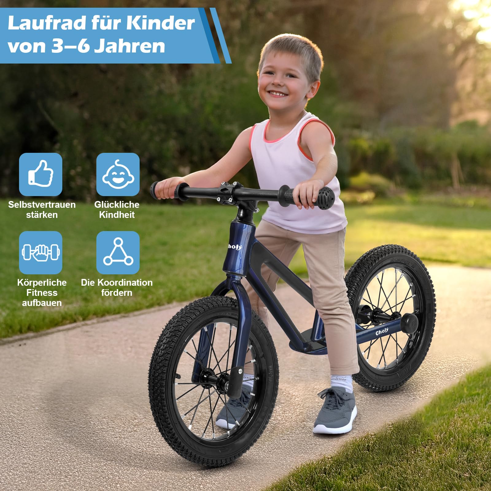 CHOLY 14 Zoll Laufrad für Kinder von 3-6 Jahren, Pedalfreies Kinderfahrrad | verstellbarem Sitz, Luftreifen und Rahmen aus Magnesiumlegierung, leichtes Trainingsfahrrad für Kinder