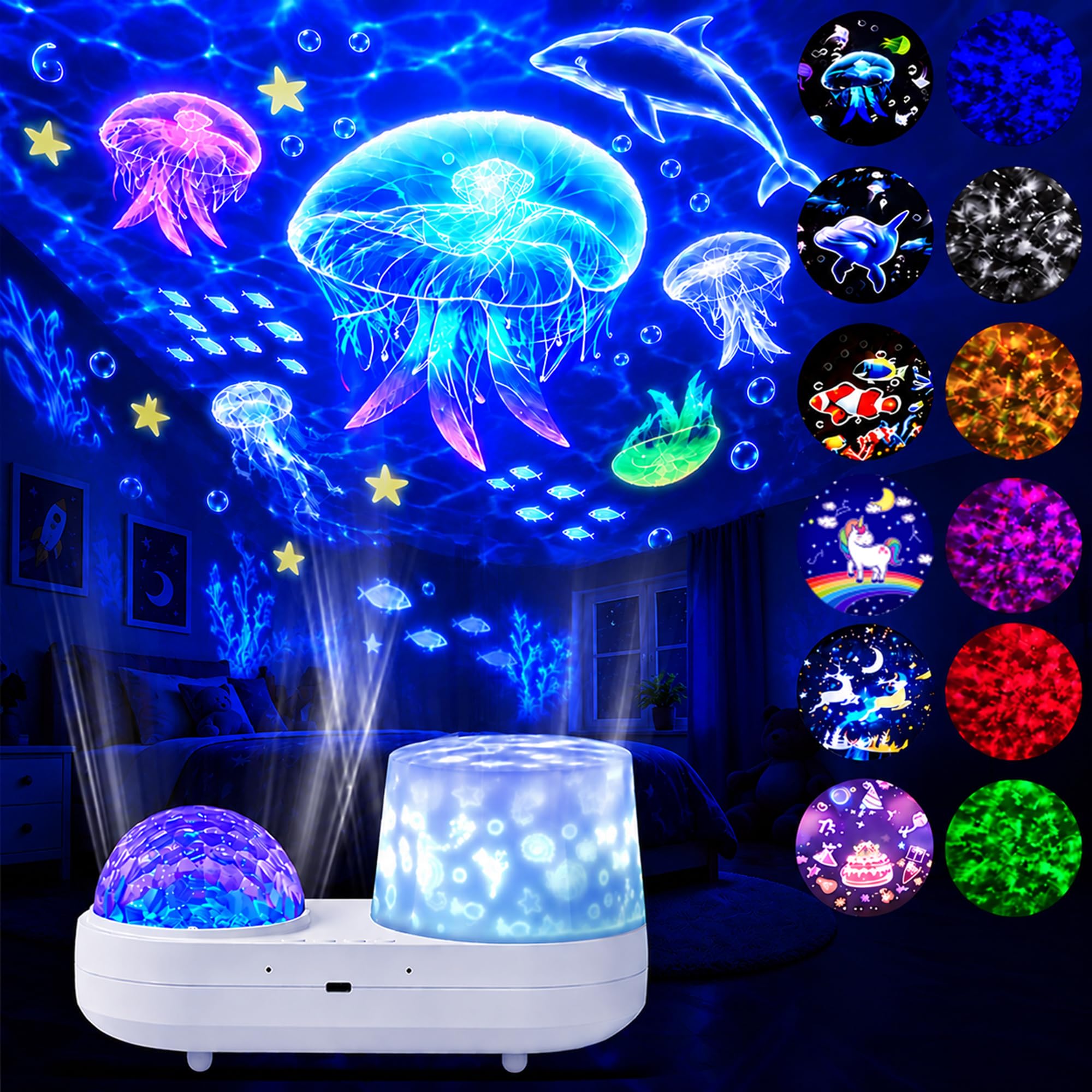 Ocean Kids Night Light Projector, 360° Rotating Projector Light for Bedroom with 6 Films, 1 Hour Timer & 12 Light Colours, Sensory Ceiling Light for Children Boy Girls Toddler Baby Gifts, Room Decor