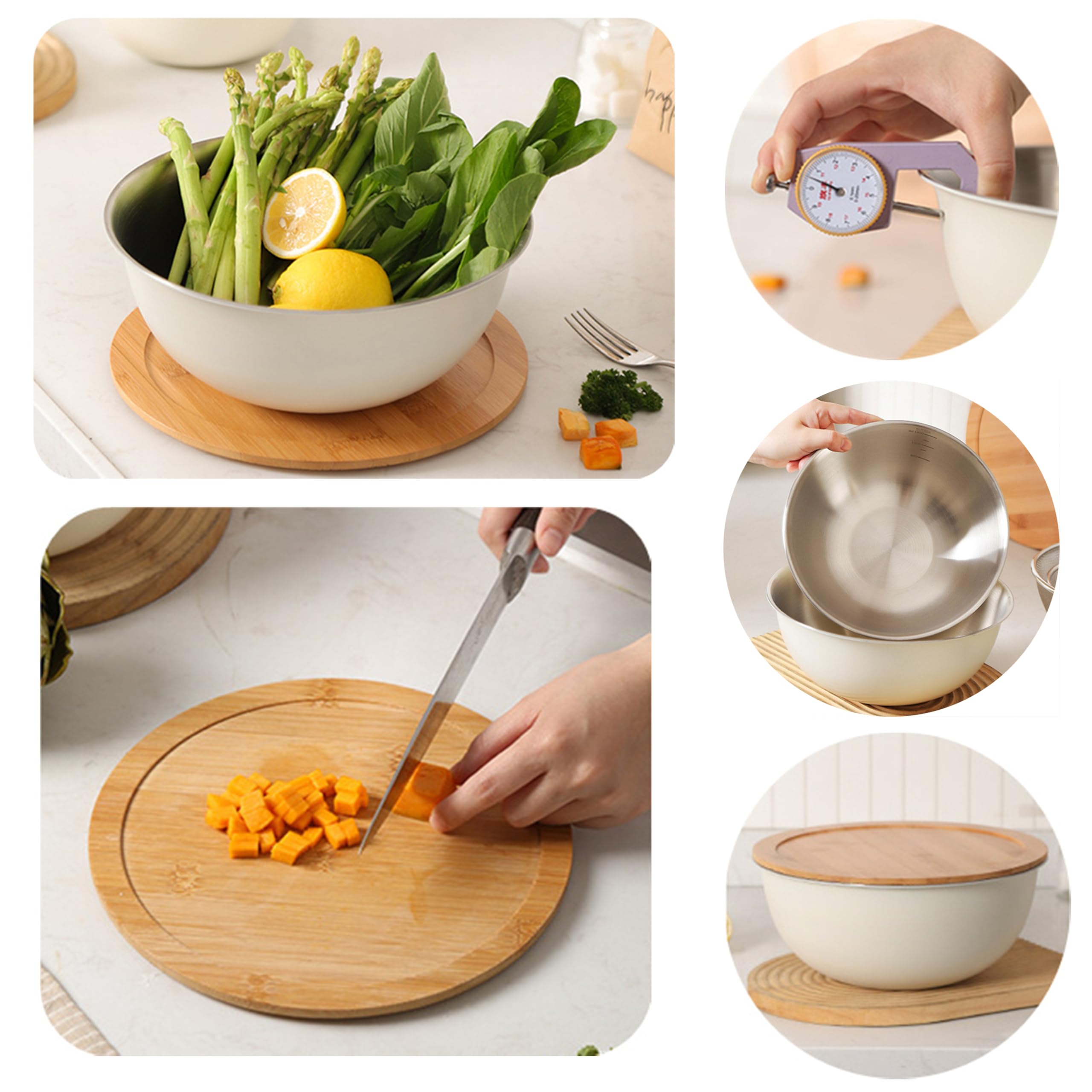 3-teiliges Schüssel-Set, Küchen-Schüssel-Set, Edelstahl-Schalen-Set 22 cm, 24 cm und 26 cm, Küchenschüssel mit Bambus-Deckel