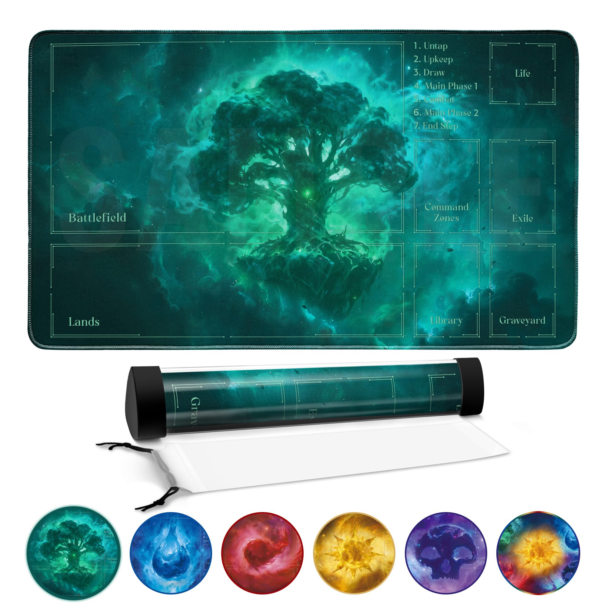 FROGIGO Stellar Forest Playmat for MTG – 24"x14" Galaxy Green Tree Game Mat with Play Zones & Prismatic Playmat Tube, Non-Slip Rubber Table Mat for Magic The Gathering