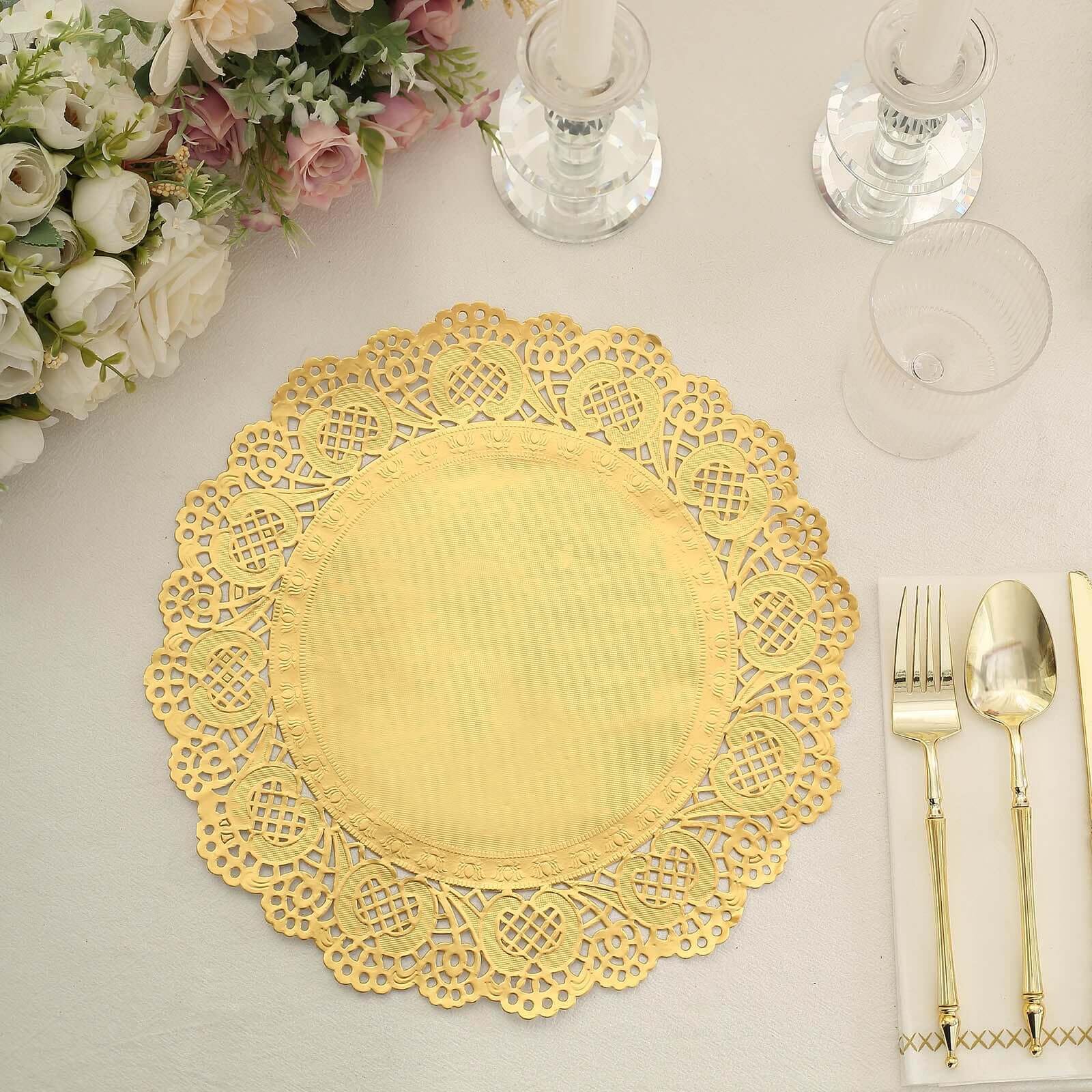 Tableclothsfactory 50 Pack Round Gold Paper Doilies, Food Grade Lace Paper Placemats - 12