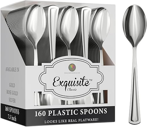 Miniatura 8 de Cucharas de té de plástico de oro rosa resistente, 160 piezas de cubiertos de plástico de oro rosa resistente, juego de cubiertos desechables