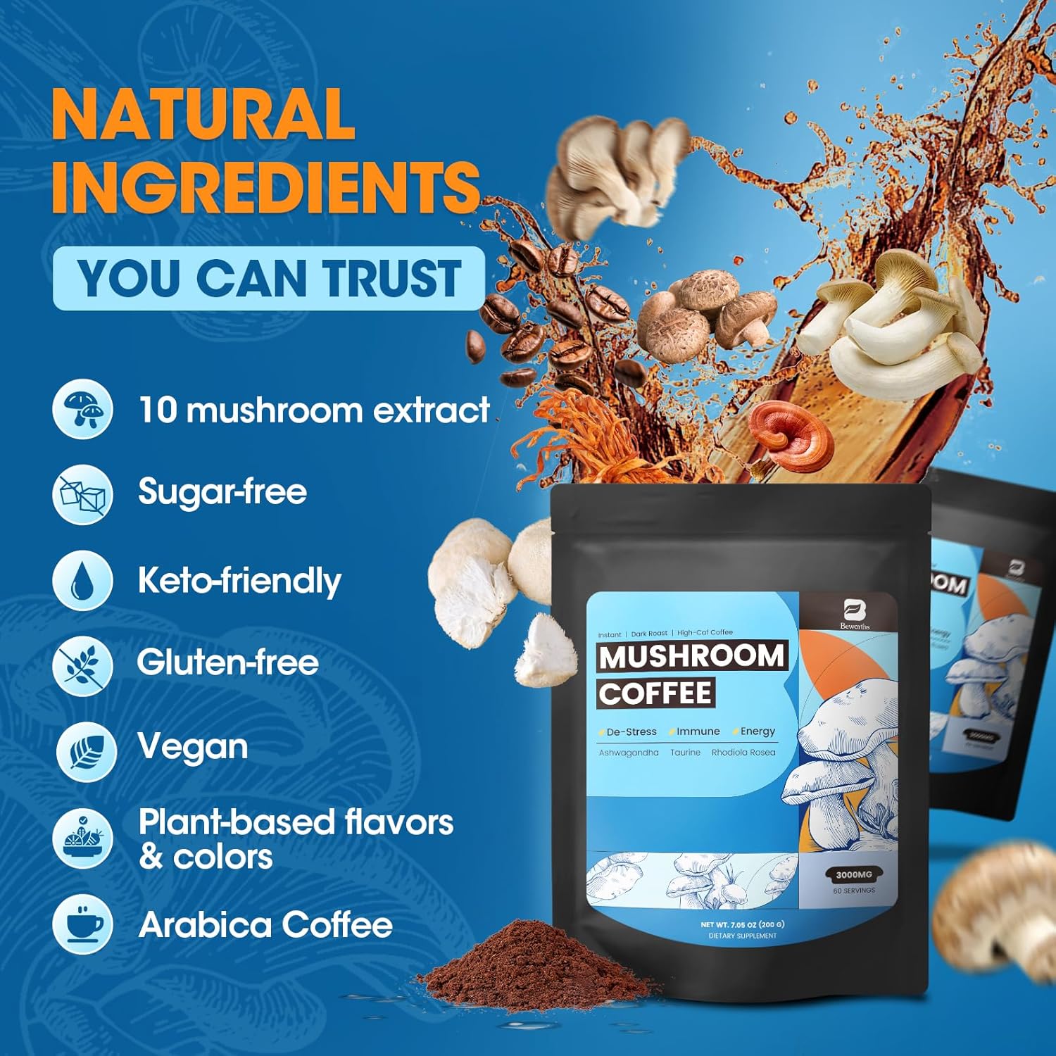 B BEWORTHS Mushroom Coffee Powder with Ashwagandha, L-theanine, Lion's Mane, Reishi, Chaga, Cordyceps, Turkey Tail, Ginseng | Arabica Instant Coffee for Immunity, Brain Focus, Gut Health | 60 Servings - Image 6