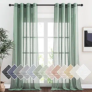 NICETOWN Linen Curtains Flax Sheer Texture for Living Room, Grommet Semi Sheer Vertical Drapes Privacy with Light Filter for Home Office/Farm House, W52 x L96, Olive Green, 1 Pair