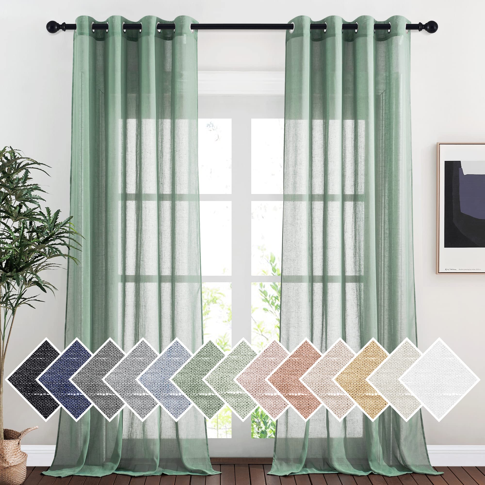 NICETOWN Flax Linen Sheer Curtains 108" Long for Windows, Ring Top Privacy Semi Sheer Privacy with Light Filter Panels for Bedroom/Living Room, Olive Green, 52" W Per Panel, Set of 2