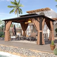 Aoxun 12x10 Hardtop Gazebo: Aluminum Frame Pavilion with Curtains, Netting & Double Polycarbonate Roof for Patio, Lawn, Garden - Brown
