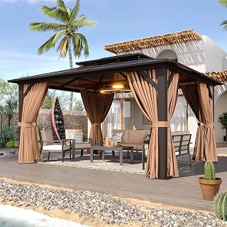 Aoxun 12x10 Hardtop Gazebo: Aluminum Frame Pavilion with Curtains, Netting & Double Polycarbonate Roof for Patio, Lawn, Garden - Brown