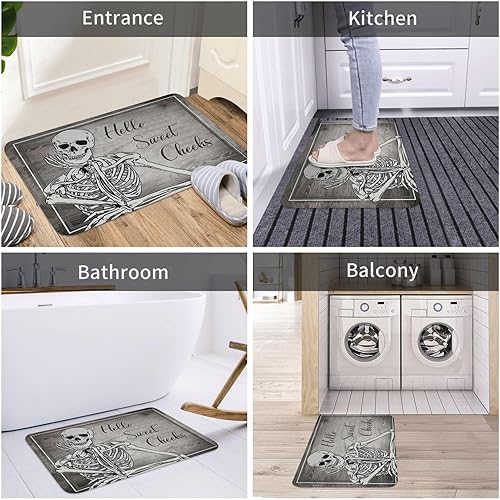 Miniatura 6 de Tapete de baño de esqueleto con diseño de calavera y sonrisa gris, antideslizante, de secado rápido, lavable, para Halloween, ducha, para baño,