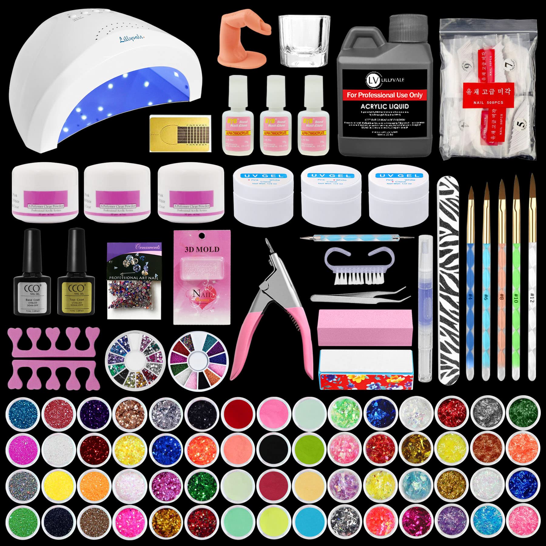 Dotcom Living Dotcom living Acrylic Nail Kit Powder Glitter Liquid With LED UV Lamp Topcoat Basecoat Gel Nail Art Kits Set Tip Brush Glue (PLUS KIT)
