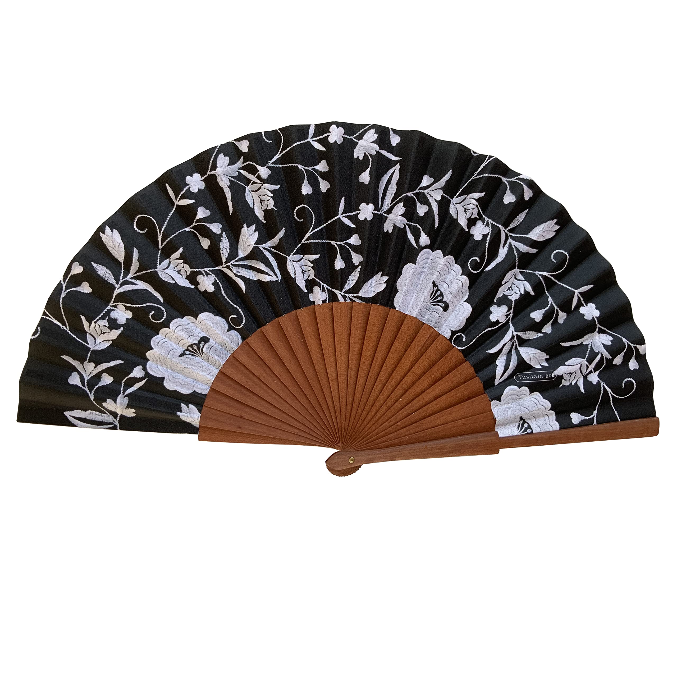 Spanischer Handfächer Manuela – Holz und Baumwolle – 23 cm – Jute-Hülle und -Bezug – Modeaccessoire – Handgefertigt in Spanien – Events und Geschenke – Schalkollektion – Tusitala Barcelona