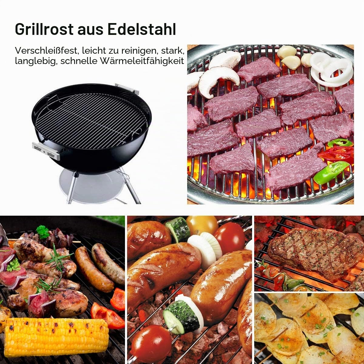 Grillrost Edelstahl Rund mit Griff, 44,5 cm, Grillrost für Holzkohle-Kugelgrills wie Weber, Char-Broil und Keramikgrills wie großes großes grünes Ei, Kamado Joe Classic, Pit Boss, Louisiana Grills