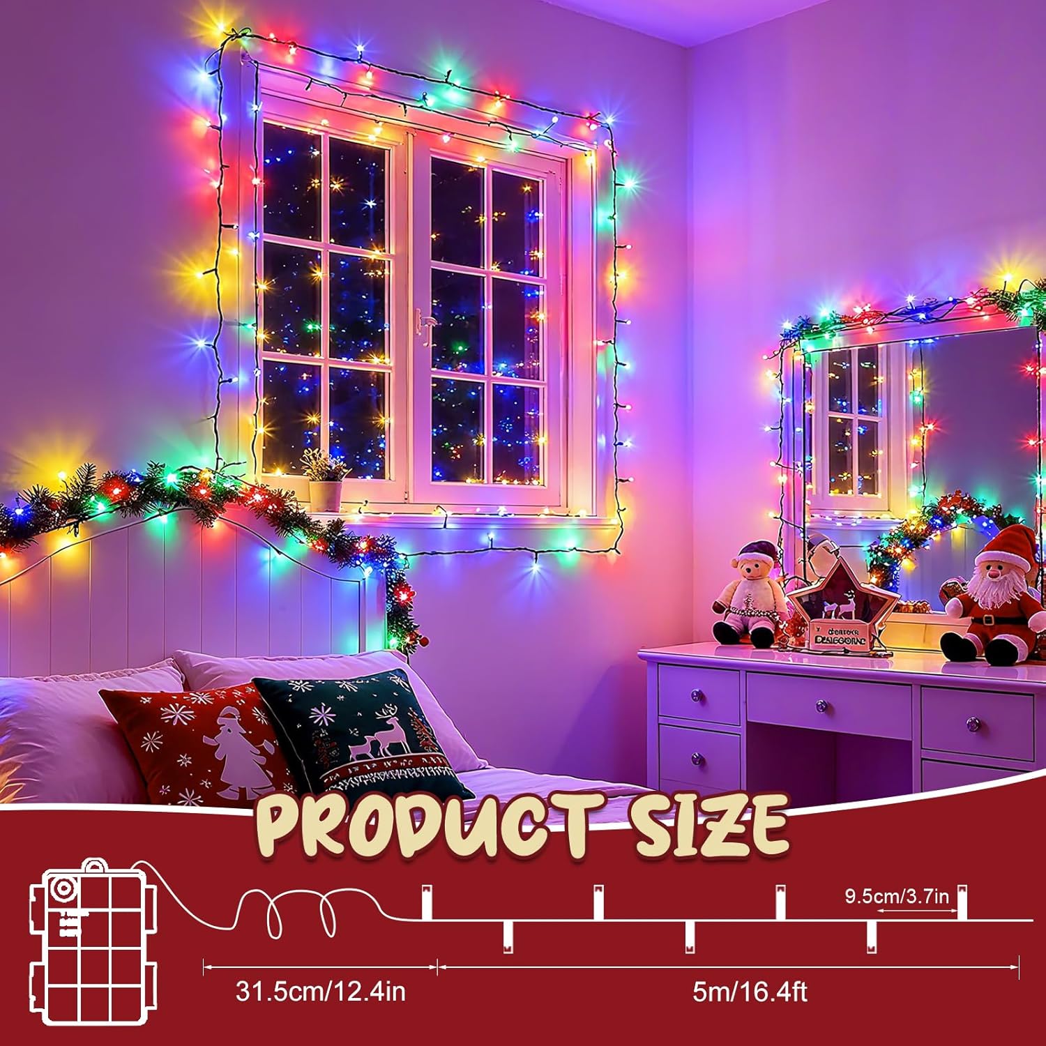 Christmas Lights Battery Operated Outdoor Waterproof, Multicolor Christmas Lights with Timer 16.4ft 50LED Christmas Decorations Garland Party Garden