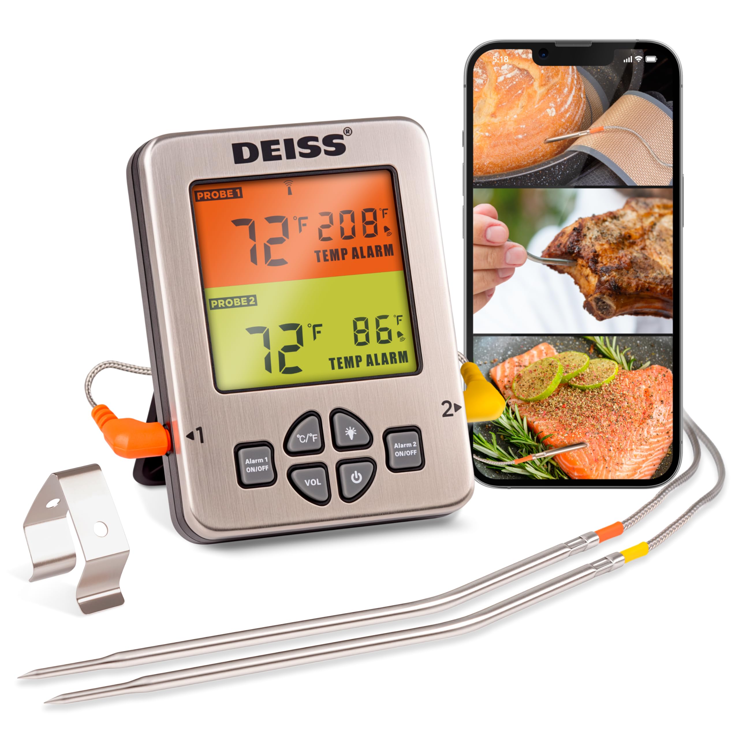 Deiss PRO Bezprzewodowy Termometr do Mięsa Bluetooth – Cyfrowy Termometr Kuchenny z 2 sondami, Termometr do Pieca, Wędzarni, Grilla, BBQ