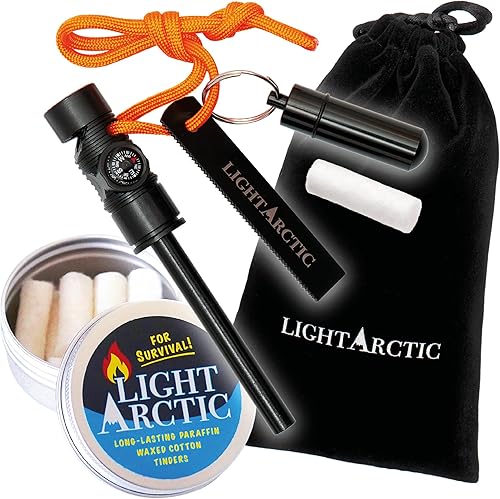 Miniatura 1 de Equipo de supervivencia de arranque de fuego 6 en 1 kit de varilla de ferro incluye brújula, silbato, 11 piezas de yescas enceradas con cápsula
