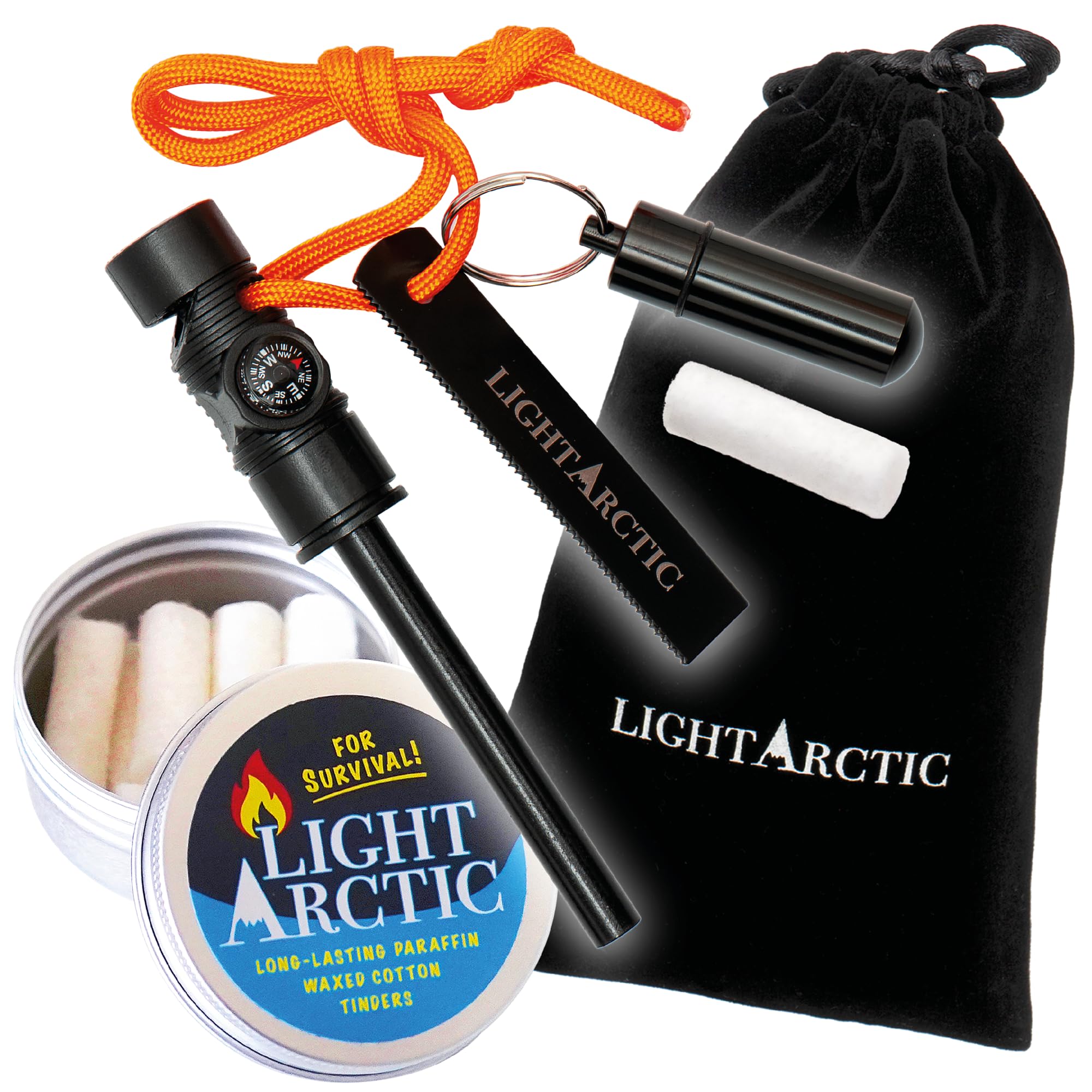 7-in-1 Fire Starter Survival Gear: Ferro Rod Kit Includes Compass, Whistle, Fire Bellows, 11 pcs of Waxed Tinders with Waterproof Capsule - Tested in The Most Extreme Weather Conditions