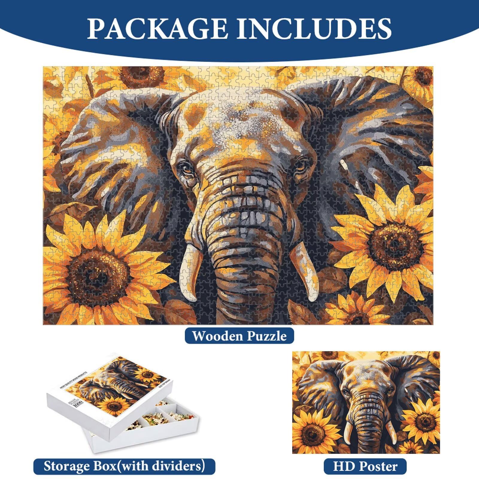 Puzzle 1500 elementów, słonecznik i słoń trwałe drewniane puzzle 1T#444