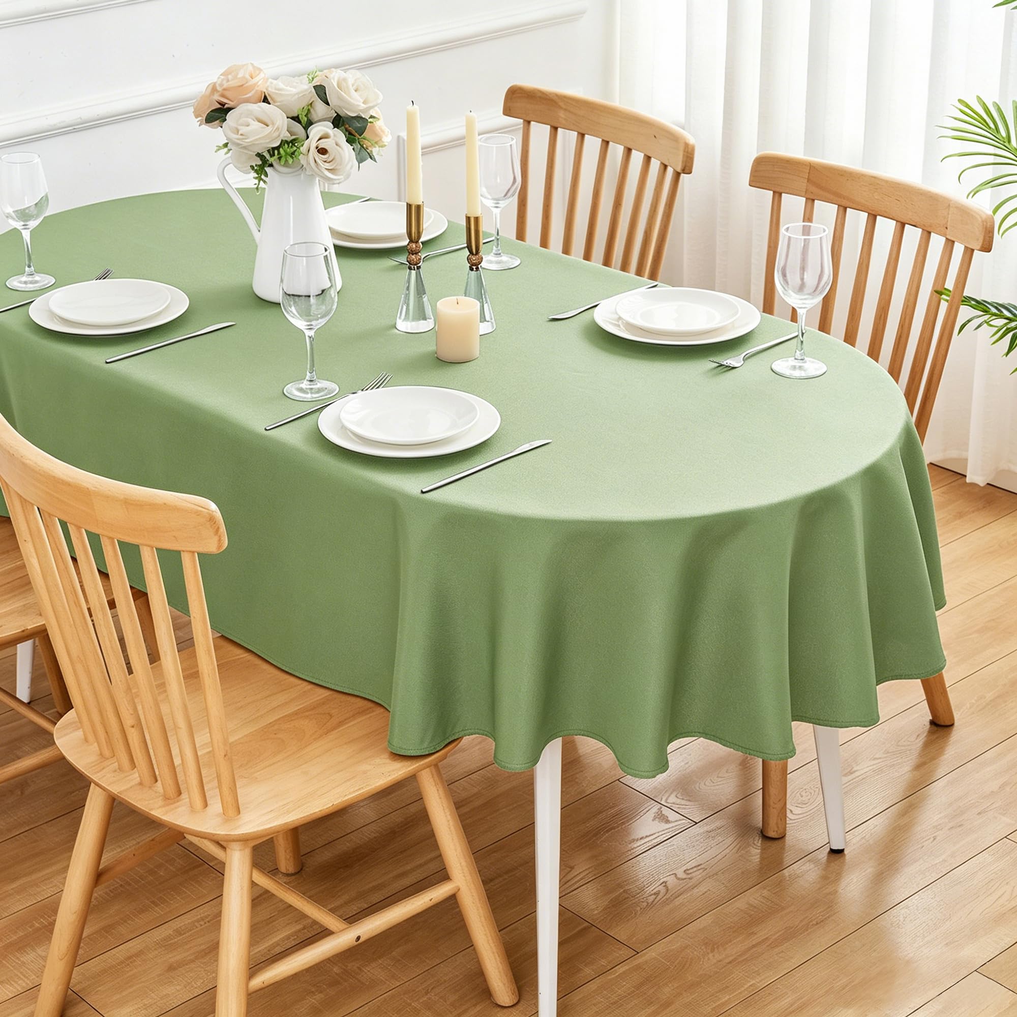 Cstalstal Sage Green Oval Tablecloth 52 x 70 Inch - 200 GSM Polyester Fabric Wrinkle Resistant Washable Table Cloth, Solid Color Table Cover for Dining, Wedding, Party, Banquet and Outdoor Use