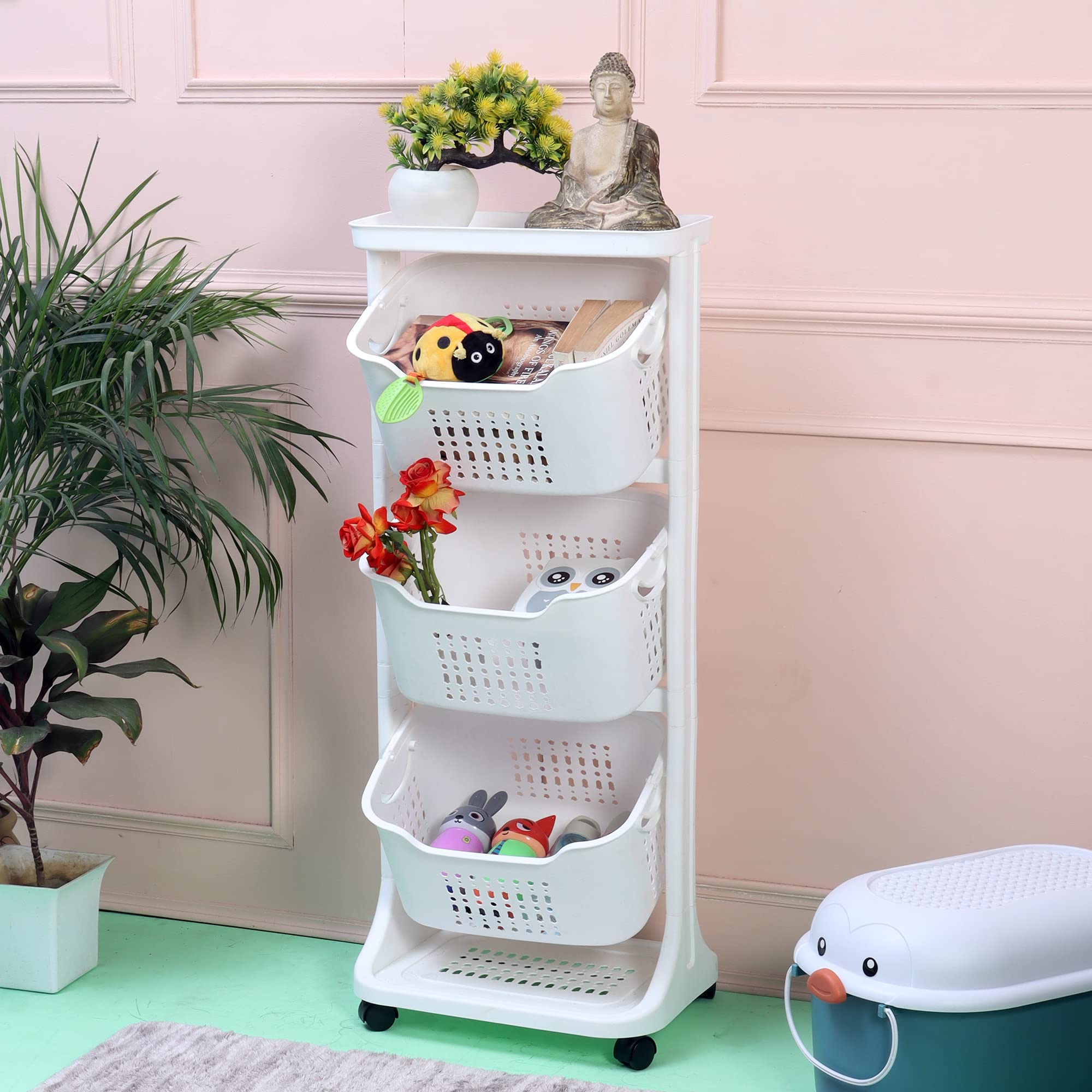 The Tickle Toe 3-Tier Kitchen Trolley with Wheels | Compact Rolling Organizer for Vegetables, Fruits, Laundry & More | 44L x 35W x 100H cm (White)