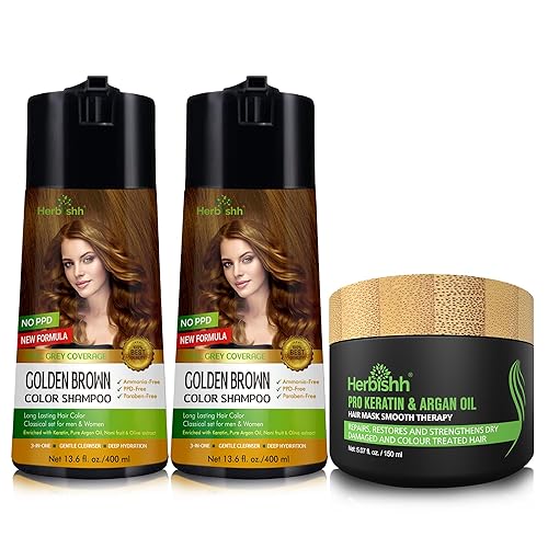 Miniatura 1 de Herbishh Ultimate Combo Champú de color para el cabello, marrón dorado, 13.5 fl oz, paquete de 2 para cabello gris + máscara de cabello de argán de
