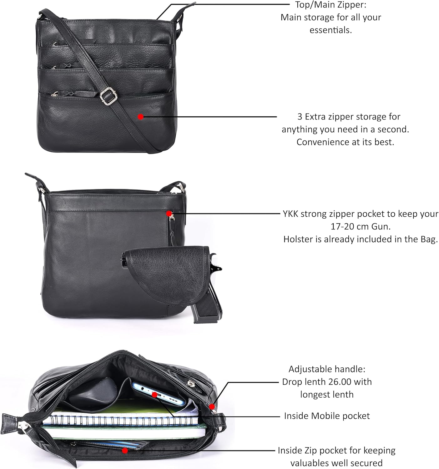 Ozora Multi Pockets Handmade Leather Crossbody Handbags & Sling Bag for Men & Women with Detachable Holster - Image 4