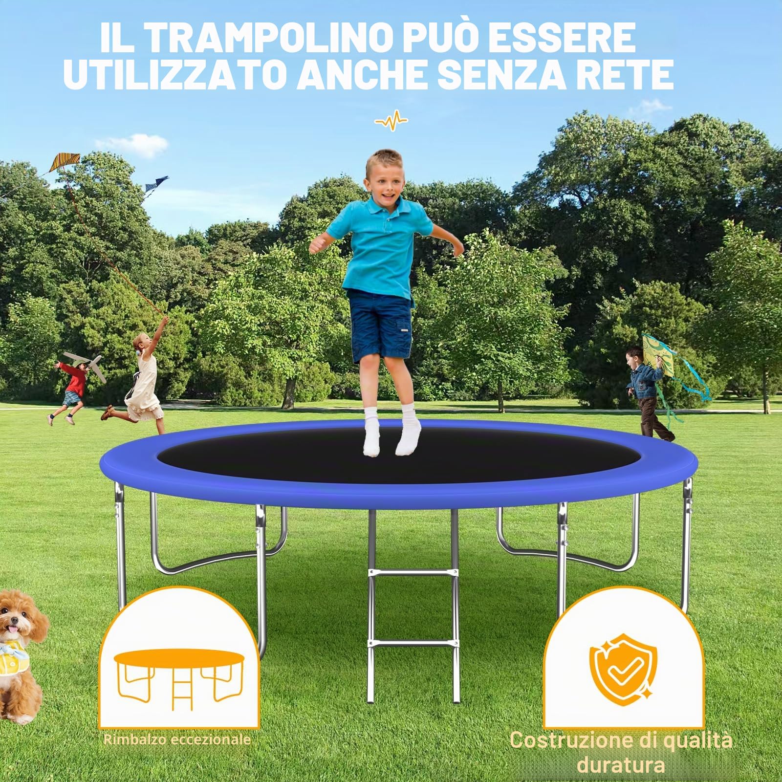 Grande Trampolino Familiare Rotondo 305 cm o 366 cm per Esterno, Kit Completo con Rete Sicura, Scala e Canestro da Basket per Bambini e Adolescenti