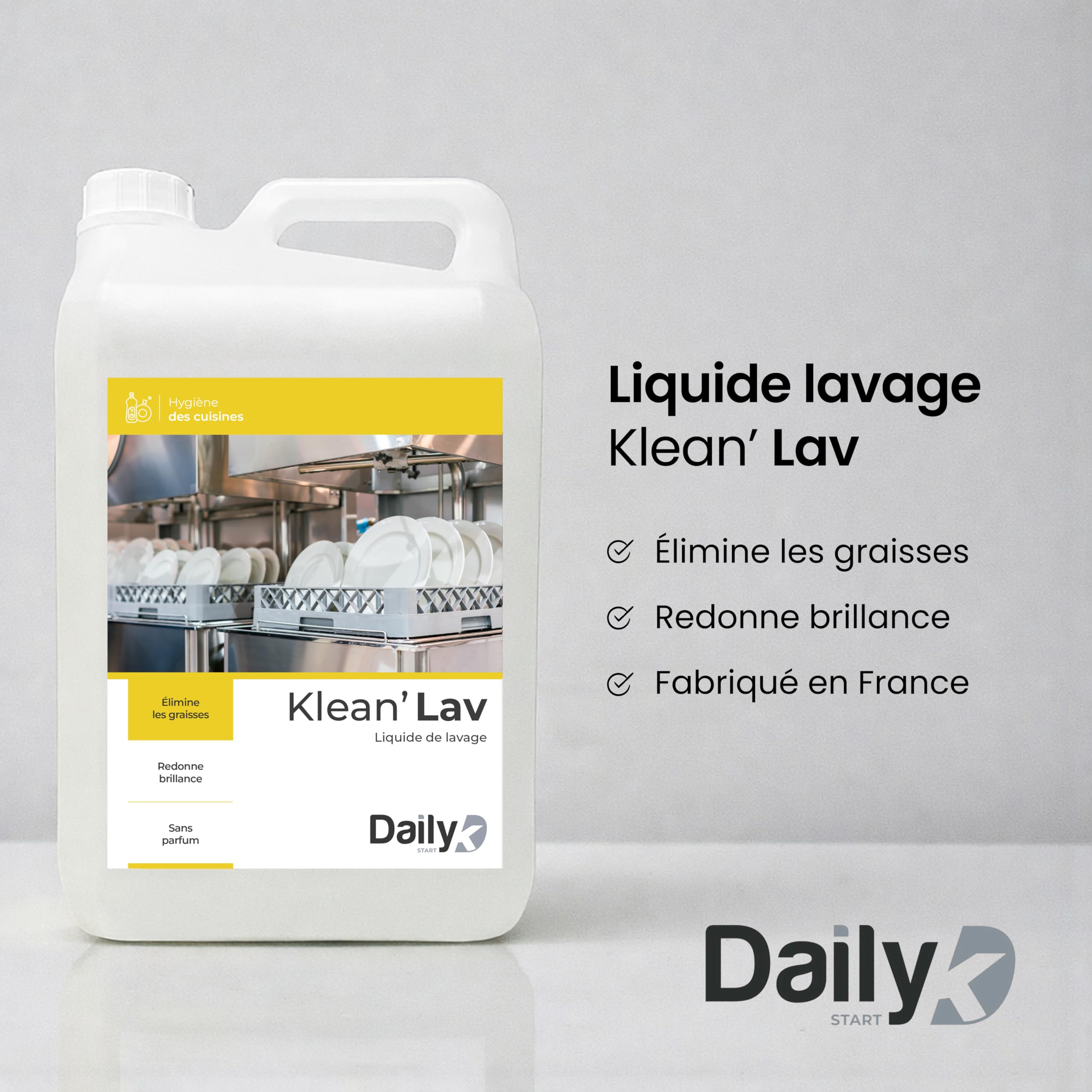 Liquide Lave-Vaisselle 5L - Nettoyant Vaisselle KLEAN’LAV en Bidon pour Doseur Automatique - Élimine Graisses, Sans Parfum - Grand Format Économique pour Usage Intensif - Made in France