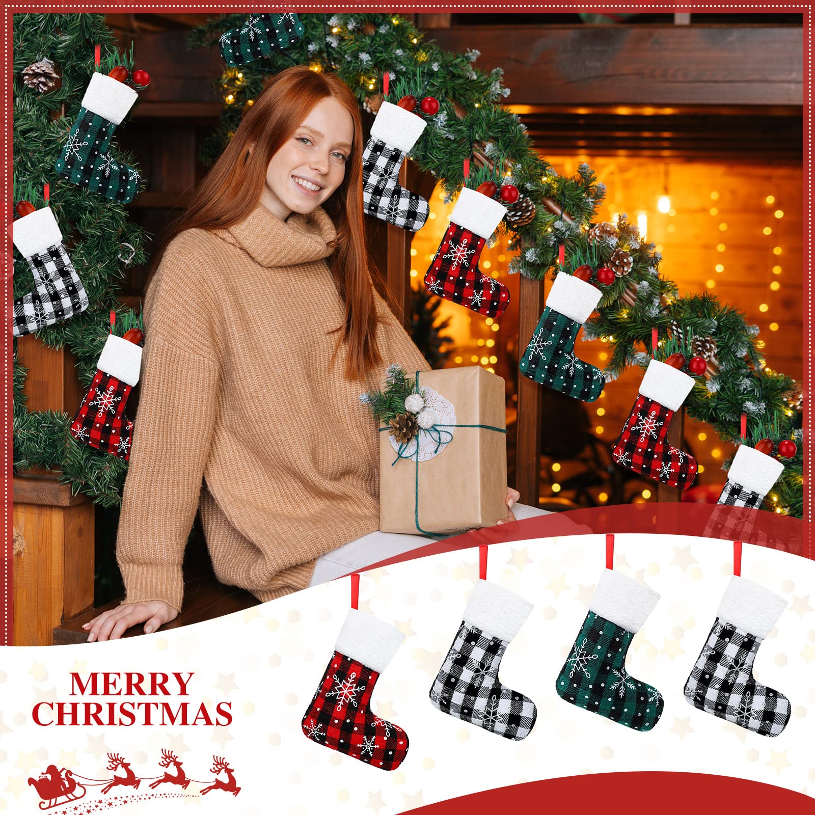 Laumoi 60 Pcs Mini Christmas Stockings Bulk 5 Inch Buffalo Plaid