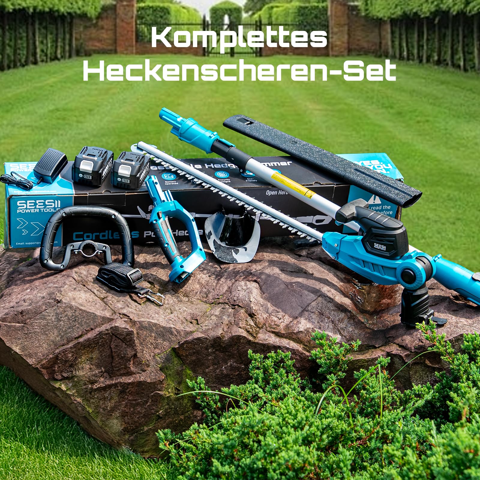 SEESII 2-in-1 Teleskop Heckenschere Akku: Elektrische Heckenschere mit 53 cm Doppelklinge, Teleskopstange bis 2,6 m, 18 mm Schnittstärke, 2 * 4,0 Ah Akkus, für Garten, Bäume und Sträucher CYCPHT05
