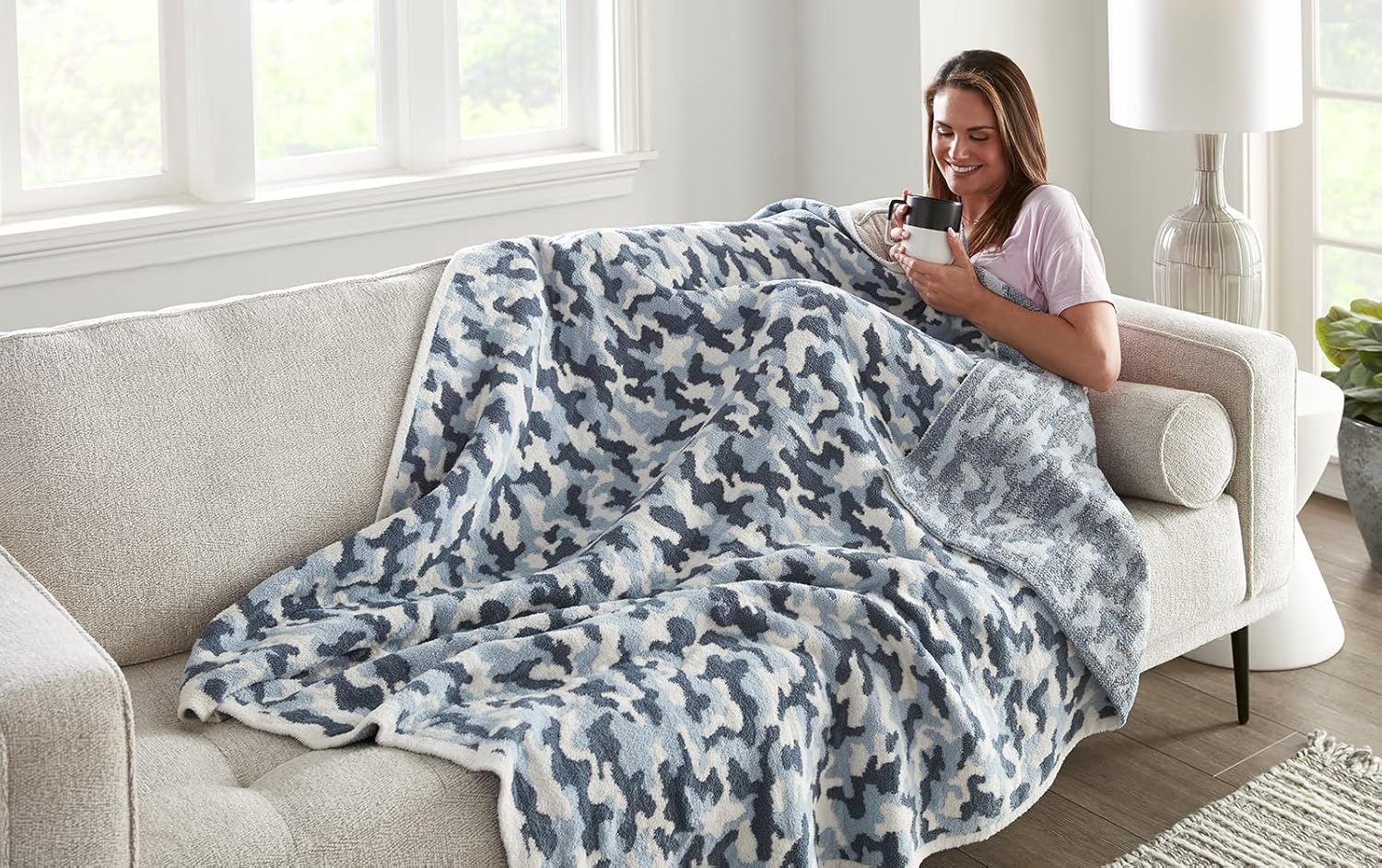 Crafted by Catherine Camouflage Print Cozy Knit Throw Blanket 60" x 70" Inches, Soft Comfy Decorative Throw for Couch Bed Sofa Travel, Camo Blue