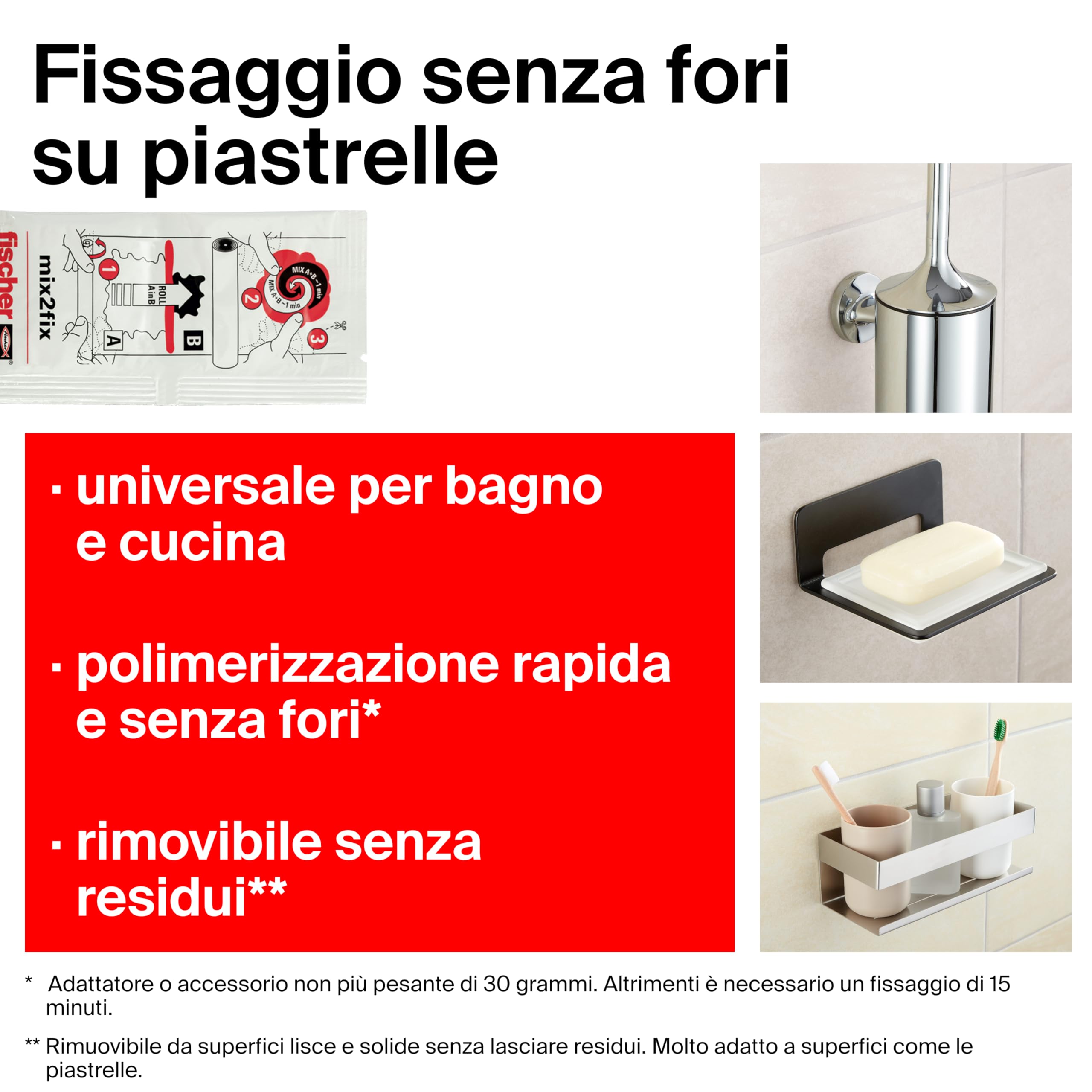 Fischer 4 Pz Colla Fissaggio Accessori Bagno su Piastrelle, Bicomponente, Senza Foratura, per Bagno e Cucina, Tenuta Affidabile, 4 bustine da 4g