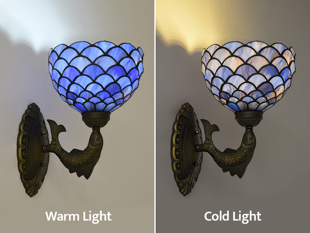 Image of Blue Purple Fish Scales Tiffany Wall Sconce 8 inch Stained Glass Wall Light with E26 Base Vintage Art Deco Wall Lamp for Bedroom Hallway Living Room Home Office (Blue Purple Fish Scales)