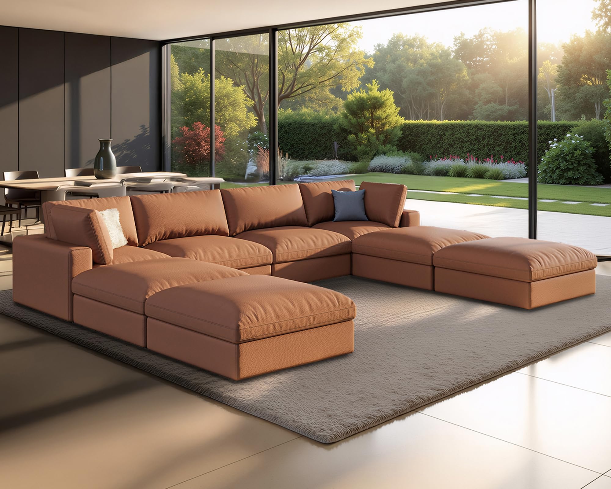 Jocisland 152 Modular U-Shaped Sectional Sofa 8-Seater Down Feather-Filled Cloud Couch with Chaise Ottoman Oversized Brown Anti-Scratch Leathaire