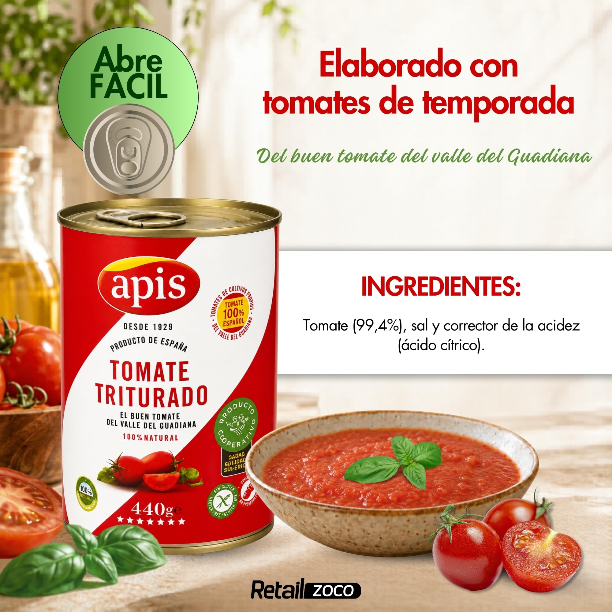 Tomate Triturado Apis, Tomate Natural en lata, Tomate 99.4%, sal y corrector de acidez, Sin Gluten, Producto Español, exquisito sabor, aroma y consistencia, Contiene 12 Latas de 400 gr