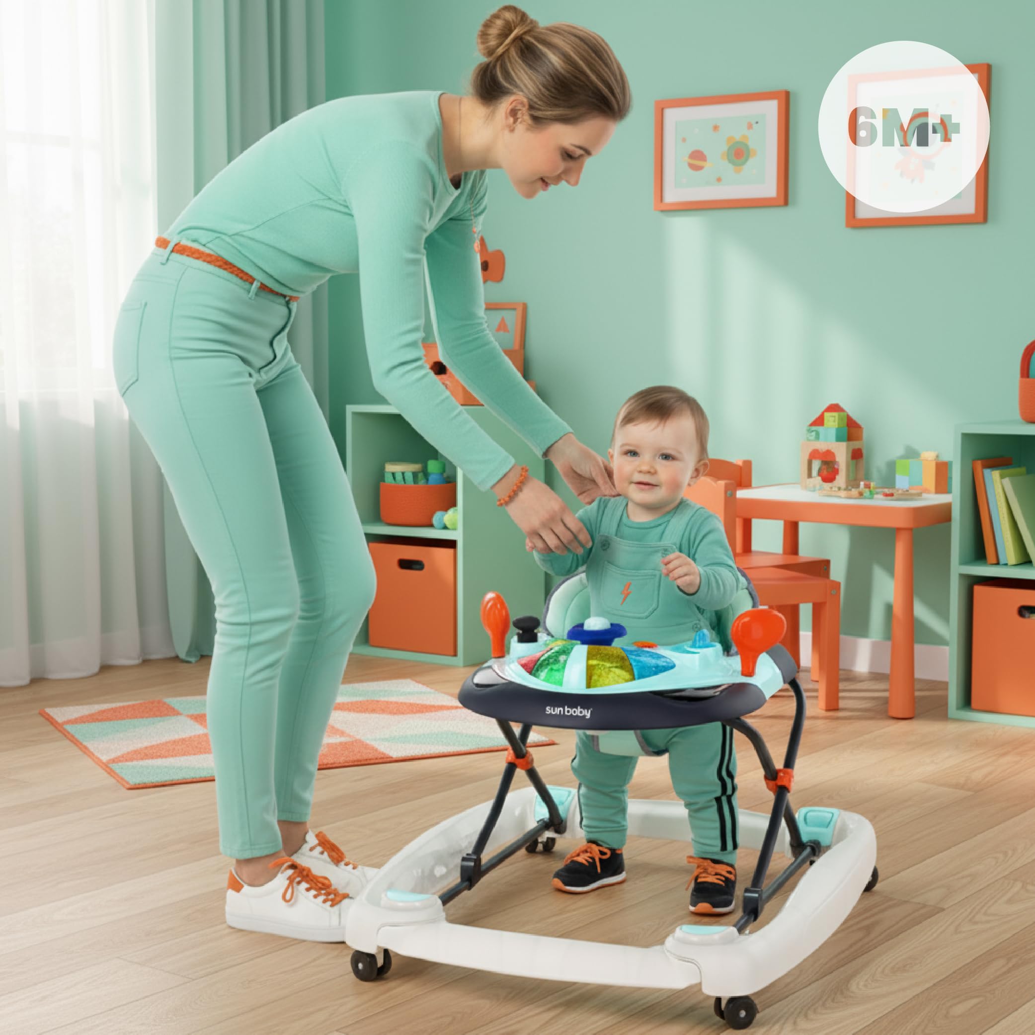 sun baby Chodzik pchacz, pomoc w nauce chodzenia, regulacja wysokości, funkcja kołyski, gumowe kółka (Niebieski)