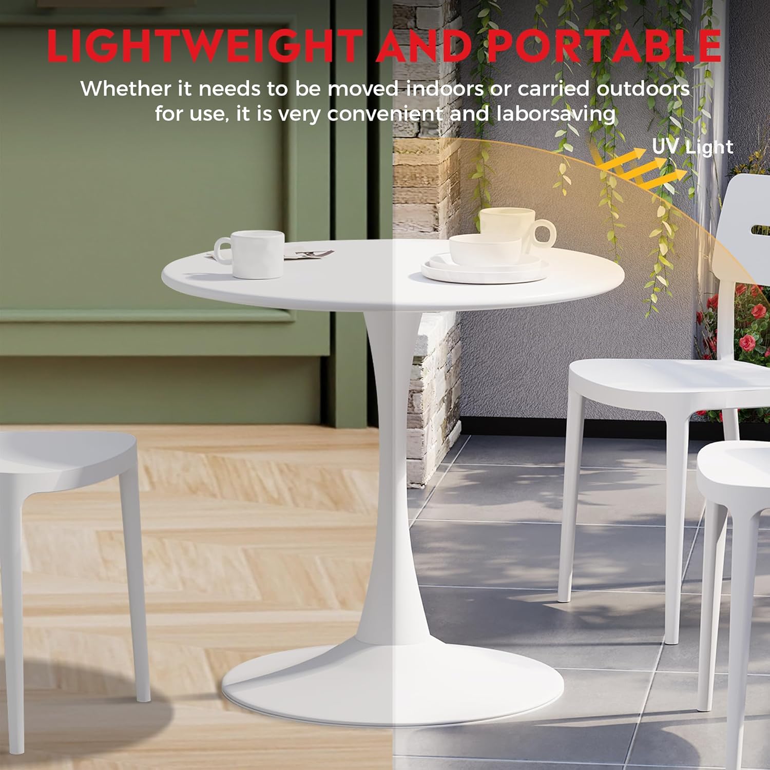 Costaelm Round Outdoor Dining Table, Patio Side Table, Weather Resistant PP Backyard Table for Poolside Deck Porch Lawn Garden, White