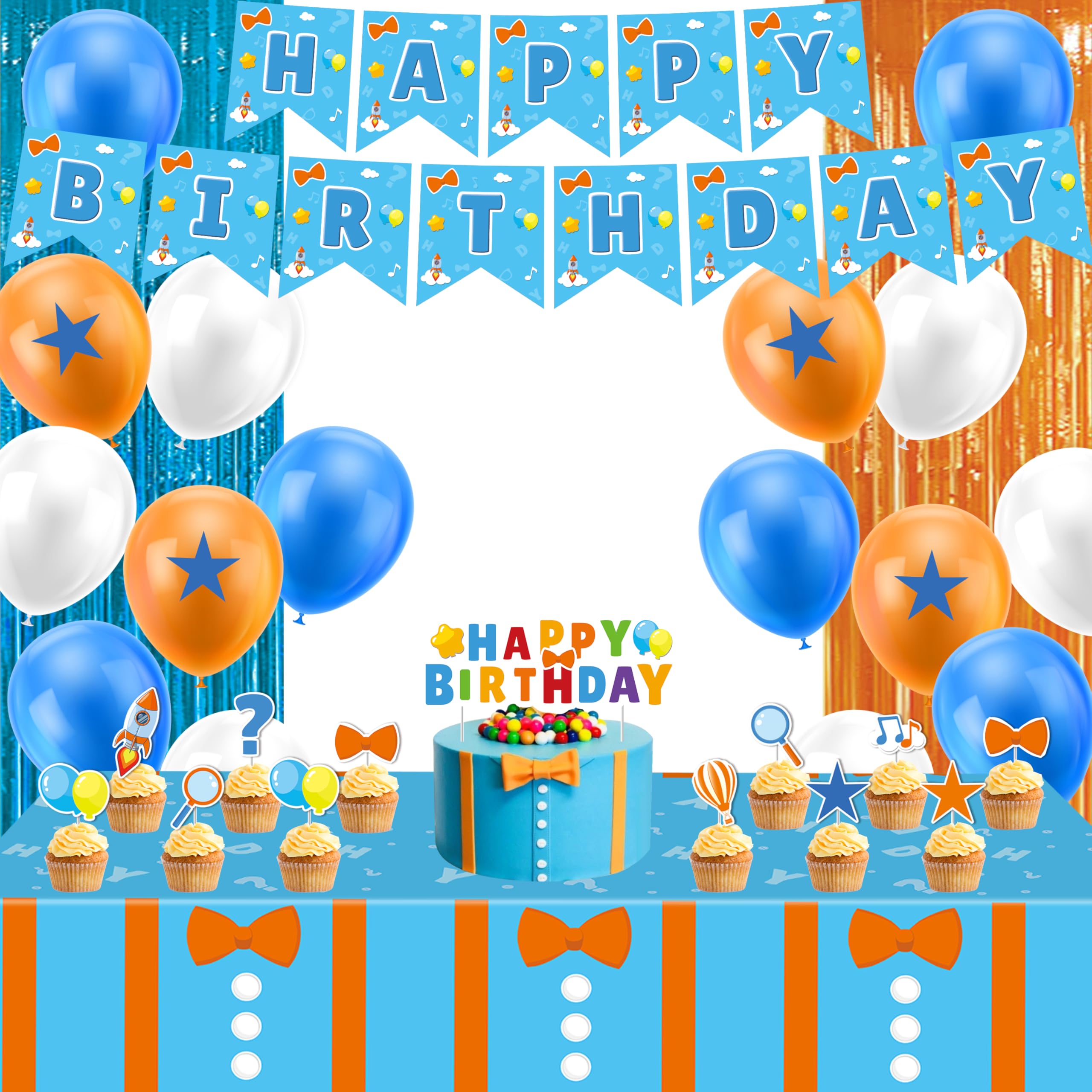 53 Stück Cartoon-Party-Dekorationen für Jungen und Mädchen, Cartoon-Thema, Geburtstagsparty, Fvors, Banner, Luftballons, Lametta, Folien-Fransenvorhänge, Kuchen, Cupcake-Topper, Tischdecke